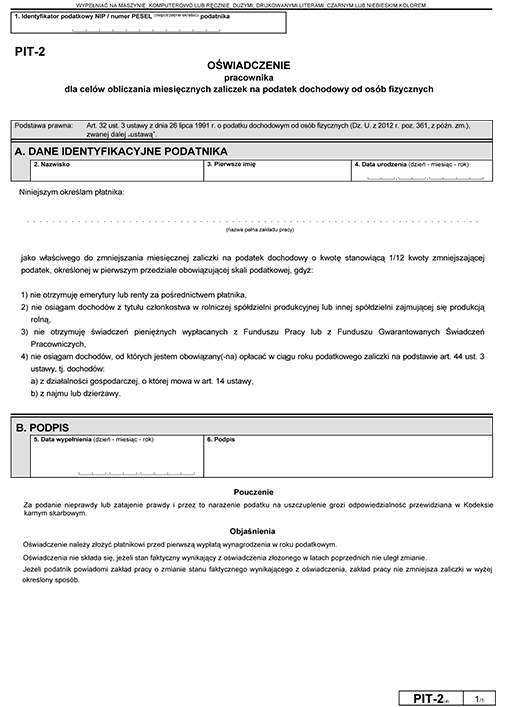 PIT-2. Oświadczenie pracownika dla celów obliczania miesięcznych zaliczek na podatek dochodowy od osób fizycznych PIT-2. Oświadczenie pracownika dla celów obliczania miesięcznych zaliczek na podatek dochodowy od osób fizycznych