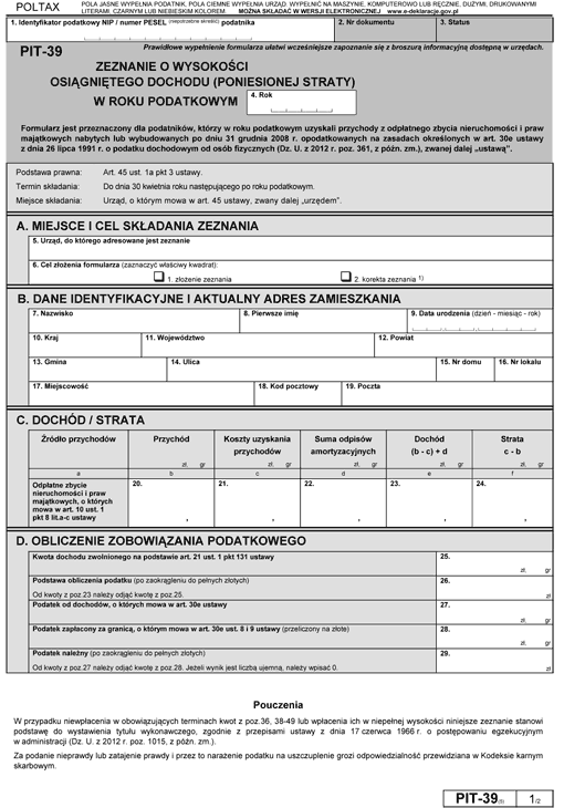 PIT-39. Zeznanie o wysokości osiągniętego dochodu (poniesionej straty)