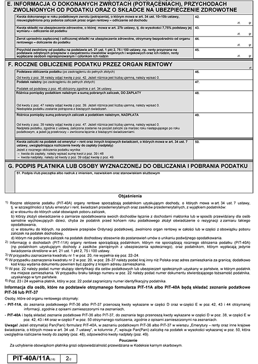 PIT-40A/11A. Roczne obliczenie podatku przez organ rentowy / Informacja o dochodach uzyskanych od organu rentowego