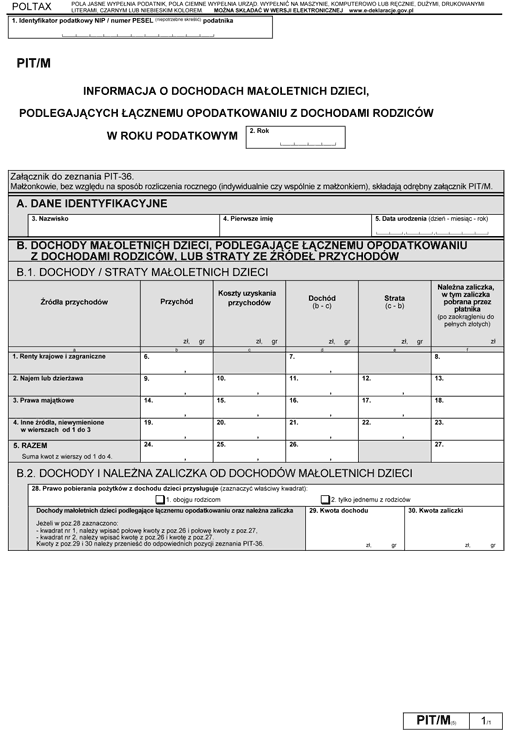 PIT/M. Informacja o dochodach małoletnich dzieci, podlegających łącznemu opodatkowaniu z dochodami rodziców PIT/M. Informacja o dochodach małoletnich dzieci, podlegających łącznemu opodatkowaniu z dochodami rodziców