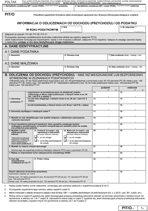 PIT/O. Informacja o odliczeniach od dochodu (przychodu) i od podatku