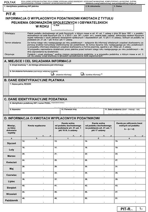 PIT-R. Informacja o wypłaconych podatnikowi kwotach z tytułu pełnienia obowiązków społecznych i obywatelskich PIT-R. Informacja o wypłaconych podatnikowi kwotach z tytułu pełnienia obowiązków społecznych i obywatelskich