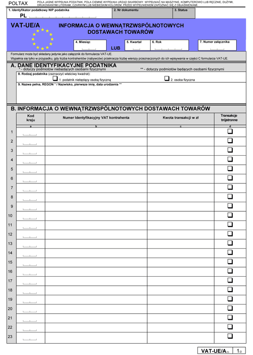 VAT-UE/A. Informacja o wewnątrzwspólnotowych dostawach towarów VAT-UE/A. Informacja o wewnątrzwspólnotowych dostawach towarów