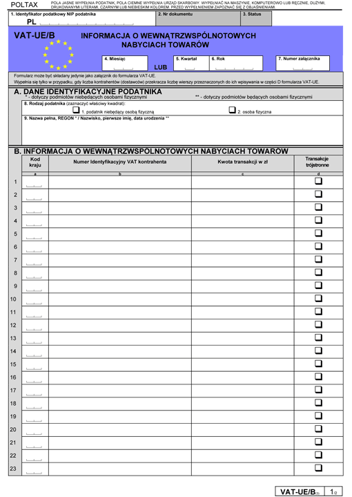 VAT-UE/B. Informacja o wewnątrzwspólnotowych nabyciach towarów VAT-UE/B. Informacja o wewnątrzwspólnotowych nabyciach towarów