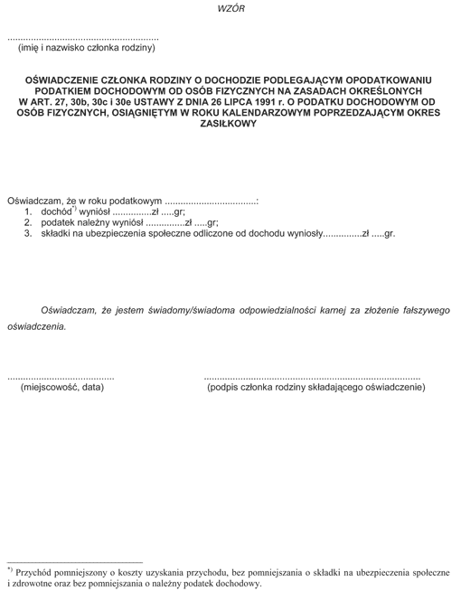 Oświadczenie członka rodziny o dochodzie podlegającym opodatkowaniu podatkiem dochodowym od osób fizycznych na zasadach określonych w art. 27, 30b, 30c i 30e ustawy z dnia 26 lipca 1991 r. o podatku dochodowym od osób fizycznych, osiągniętym w roku kalendarzowym poprzedzającym okres zasiłkowy