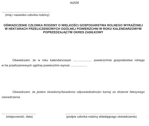 Oświadczenie członka rodziny o wielkości gospodarstwa rolnego wyrażonej w hektarach przeliczeniowych ogólnej powierzchni w roku kalendarzowym poprzedzającym okres zasiłkowy