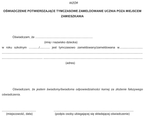 Oświadczenie potwierdzające tymczasowe zameldowanie ucznia poza miejscem zamieszkania