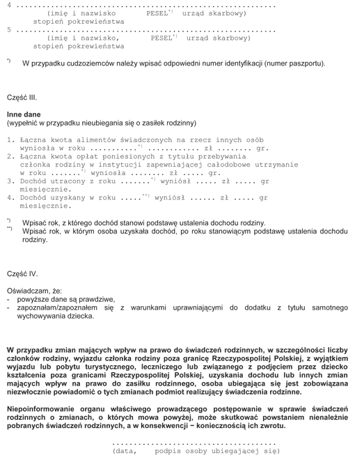 Wniosek o ustalenie prawa do dodatku z tytułu samotnego wychowywania dziecka dla osób, które otrzymywały do dnia 1 maja 2004 r. ustalone na siebie świadczenie na podstawie ustawy z dnia 18 lipca 1974 r. o funduszu alimentacyjnym (Dz. U. z 1991 r. nr 45, poz. 200, z późn. zm.)