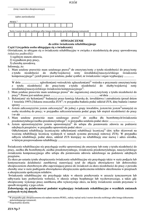 ZUS Np-7. Oświadczenie do celów świadczenia rehabilitacyjnego