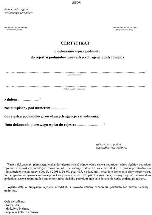 Certyfikat o dokonaniu wpisu podmiotu do rejestru podmiotów prowadzących agencje zatrudnienia