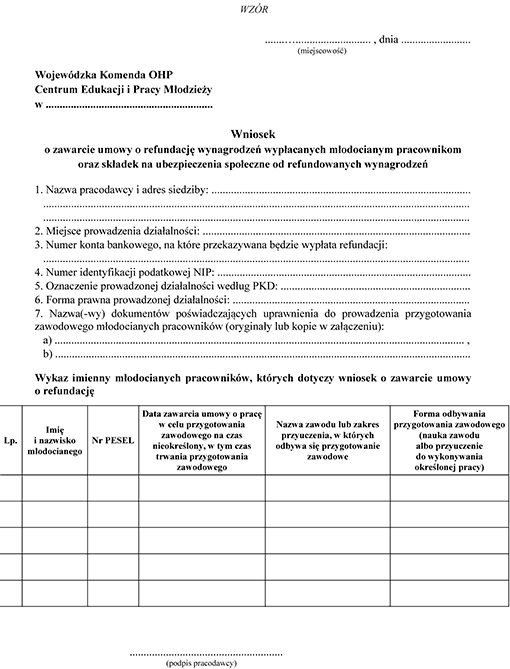 Wniosek o zawarcie umowy o refundację wynagrodzeń wypłacanych młodocianym pracownikom oraz składek na ubezpieczenia społeczne od refundowanych wynagrodzeń Wniosek o zawarcie umowy o refundację wynagrodzeń wypłacanych młodocianym pracownikom oraz składek na ubezpieczenia społeczne od refundowanych wynagrodzeń