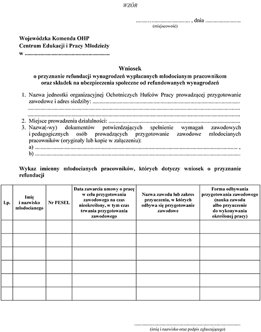 Wniosek o przyznanie refundacji wynagrodzeń wypłacanych młodocianym pracownikom oraz składek na ubezpieczenia społeczne od refundowanych wynagrodzeń Wniosek o przyznanie refundacji wynagrodzeń wypłacanych młodocianym pracownikom oraz składek na ubezpieczenia społeczne od refundowanych wynagrodzeń