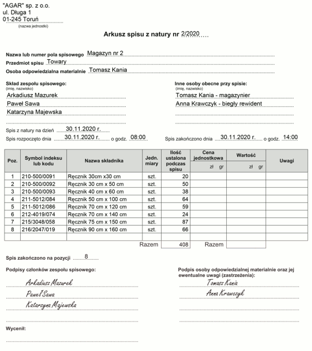 Arkusz spisu z natury