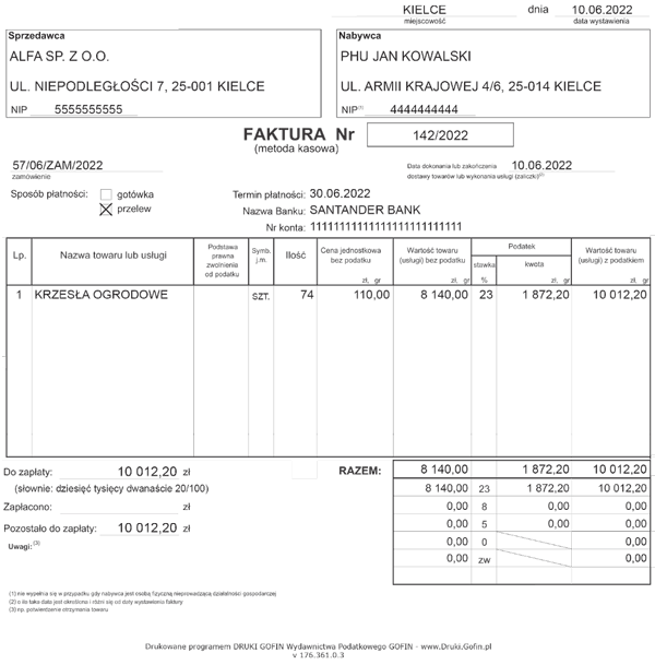 Przykład faktury wystawionej przez małego podatnika rozliczającego VAT metodą kasową