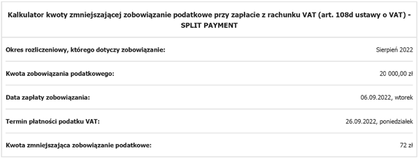 Kalkulator kwoty zmniejszającej zobowiązanie podatkowe przy zapłacie z rachunku VAT (art. 108d ustawy o VAT) - SPLIT PAYMENT Kalkulator kwoty zmniejszającej zobowiązanie podatkowe przy zapłacie z rachunku VAT (art. 108d ustawy o VAT) - SPLIT PAYMENT