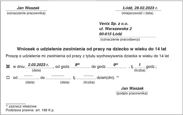 Wniosek o udzielenie zwolnienia od pracy na dziecko w wieku do 14 lat