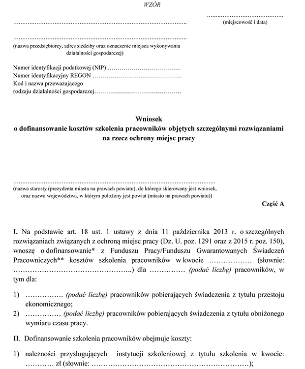 Wniosek o dofinansowanie kosztw szkolenia pracownikw objtych szczeglnymi rozwizaniami na rzecz ochrony miejsc pracy