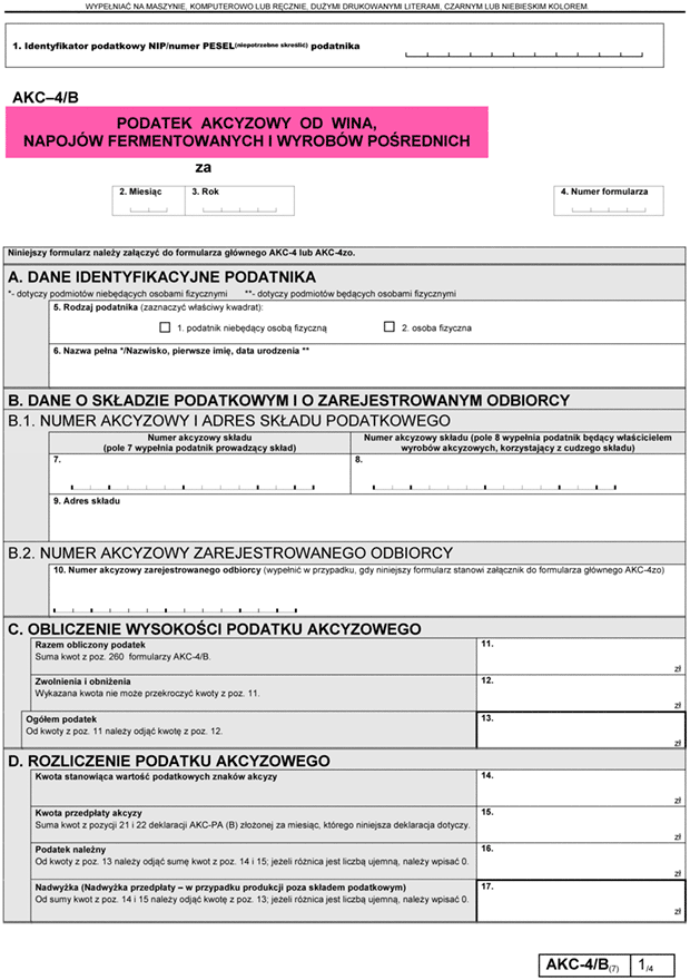 AKC-4/B Podatek akcyzowy od wina, napojw fermentowanych i wyrobw porednich