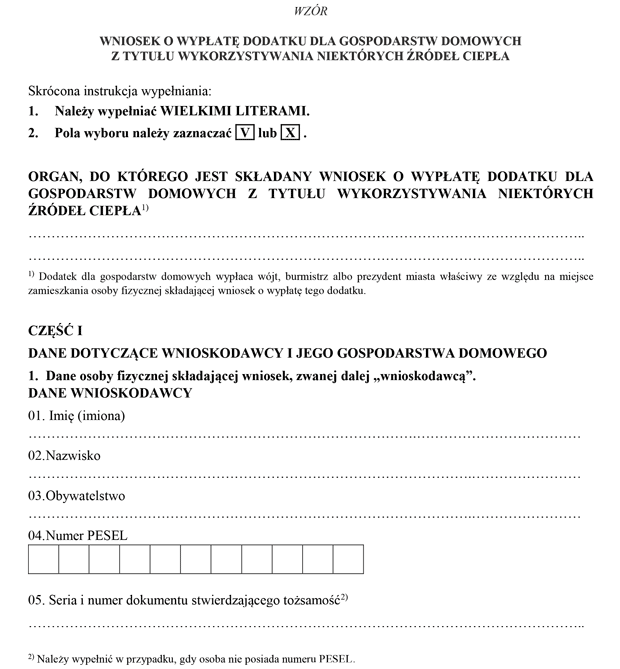 Wniosek o wypat dodatku dla gospodarstw domowych tytuu wykorzystywania niektrych rde ciepa