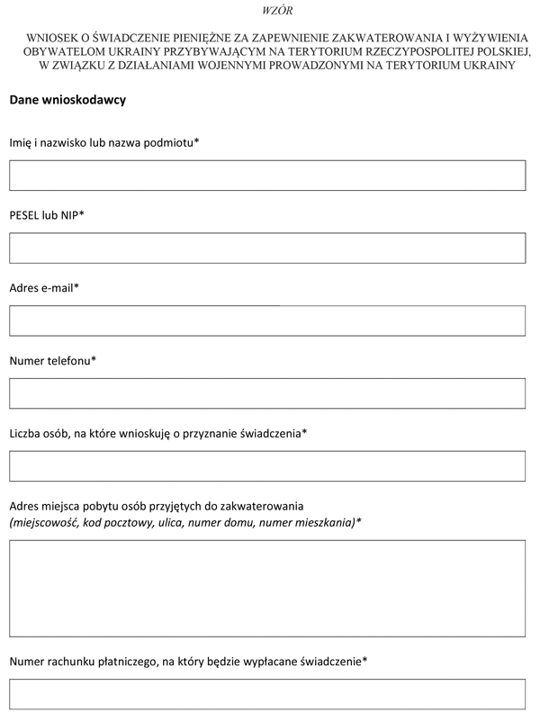 Wniosek o wiadczenie pienine za zapewnienie zakwaterowania i wyywienia obywatelom Ukrainy przybywajcym na terytorium Rzeczypospolitej Polskiej, w zwizku z dziaaniami wojennymi prowadzonymi na terytorium Ukrainy