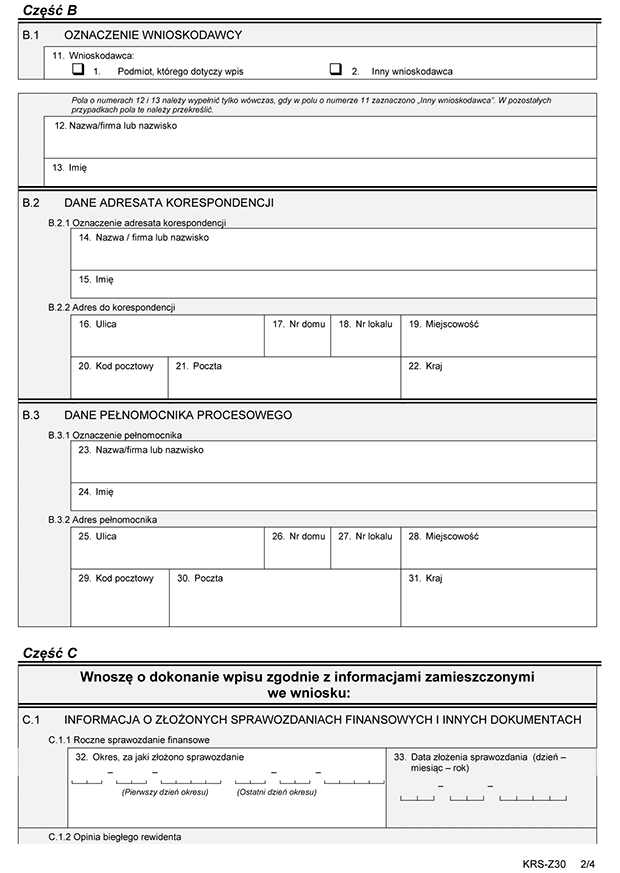 KRS-Z30. Wniosek o zmian wpisu w Krajowym Rejestrze Sdowym - sprawozdania finansowe i inne dokumenty