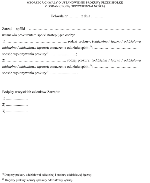Wzorzec uchway o ustanowieniu prokury przez spk z ograniczon odpowiedzialnoci