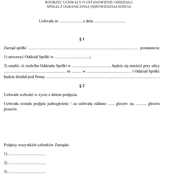 Wzorzec uchway o ustanowieniu oddziau spki z ograniczon odpowiedzialnoci