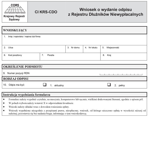 CI KRS-CDO. Wniosek o wydanie odpisu z Rejestru Dunikw Niewypacalnych