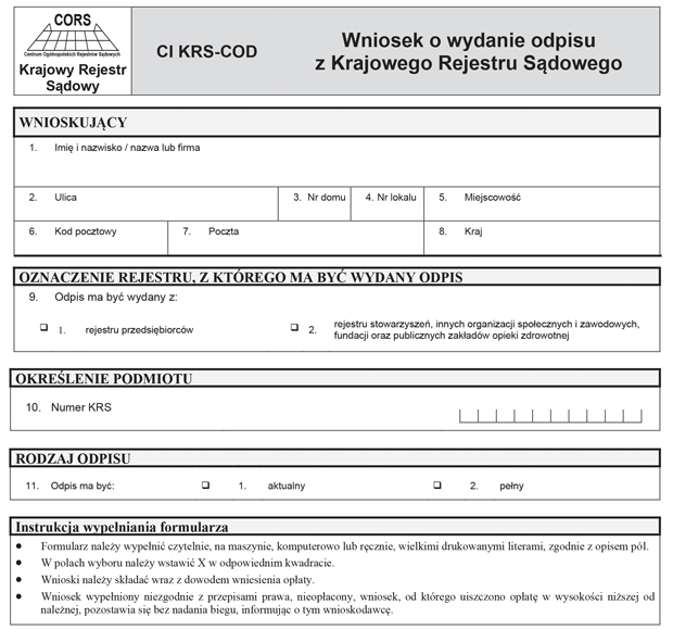 CI KRS-COD Wniosek o wydanie odpisu z Krajowego Rejestru Sdowego