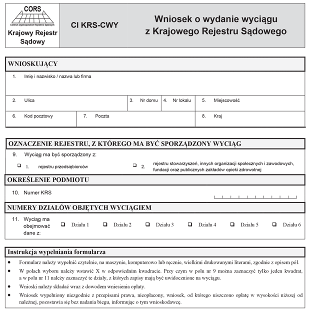 CI KRS-CWY. Wniosek o wydanie wycigu z Krajowego Rejestru Sdowego