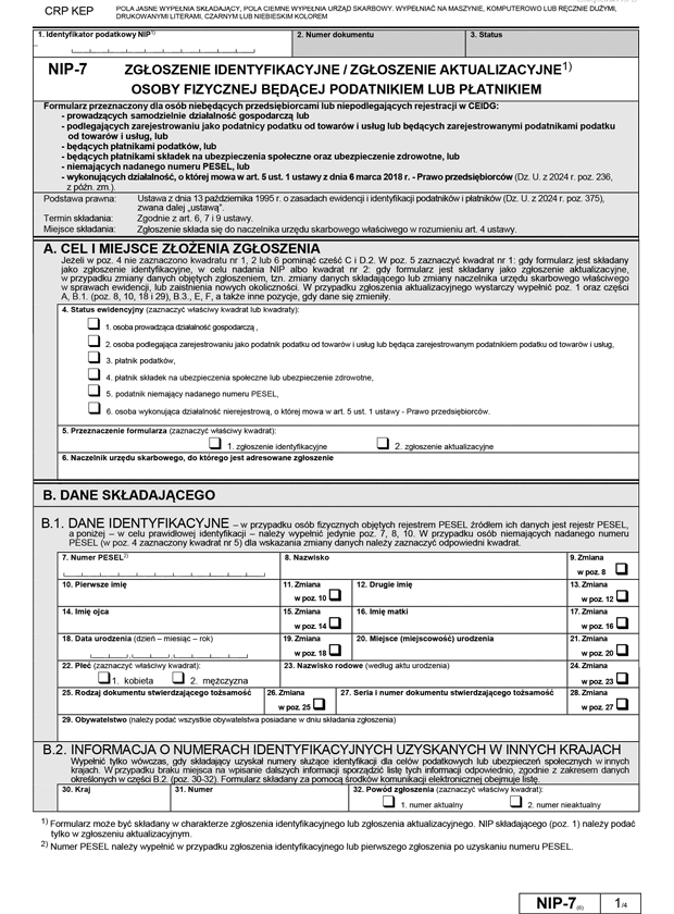 NIP-7 Zgoszenie identyfikacyjne / Zgoszenie aktualizacyjne osoby fizycznej bdcej podatnikiem lub patnikiem