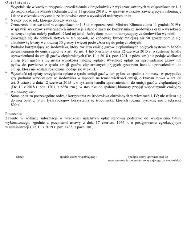 Wykaz zawierajcy zbiorcze zestawienie informacji o zakresie korzystania ze rodowiska oraz o wysokoci nalenych opat