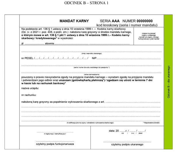 Wzór formularza mandatu karnego