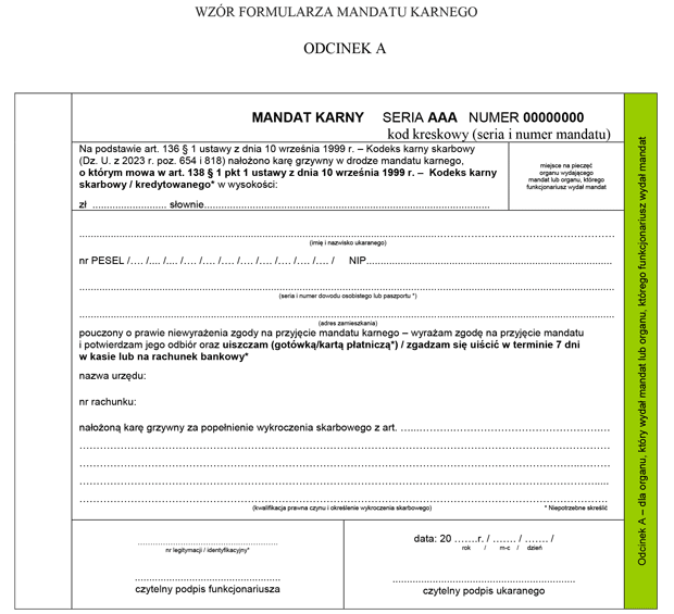 Wzr formularza mandatu karnego