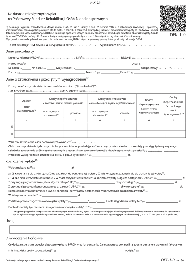 DEK-1-0 Deklaracja miesicznych wpat na Pastwowy Fundusz Rehabilitacji Osb Niepenosprawnych