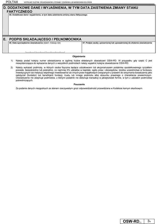 OSW-RD Owiadczenie o podmiotach, w ktrych posiada prawa udziaowiec lub akcjonariusz podatnika opodatkowanego ryczatem od dochodw spek kapitaowych
