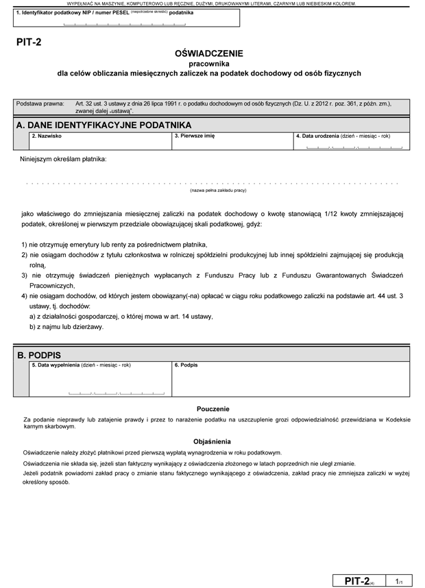 PIT-2. Owiadczenie pracownika dla celw obliczania miesicznych zaliczek na podatek dochodowy od osb fizycznych