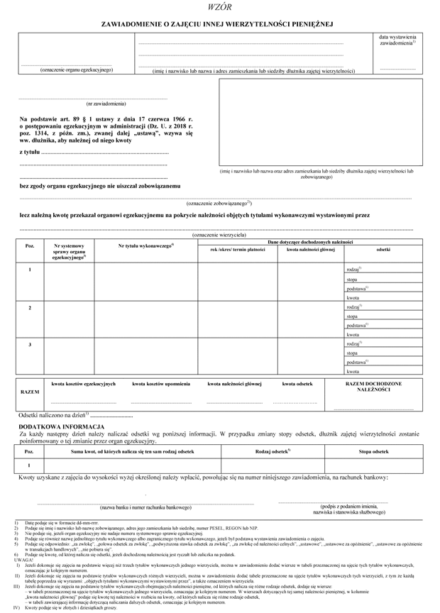 Zawiadomienie o zajciu innej wierzytelnoci pieninej