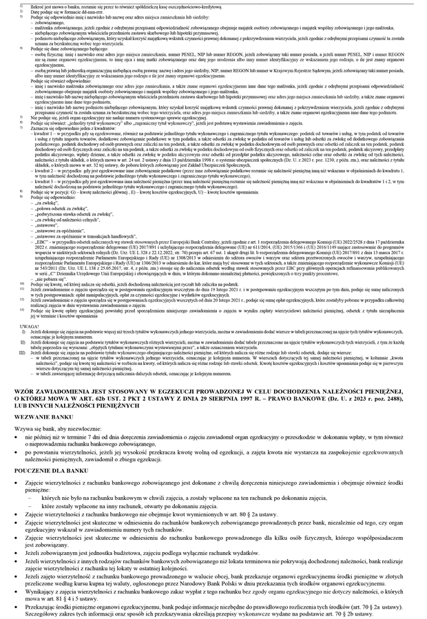Zawiadomienie o zajciu wierzytelnoci z rachunku bankowego i wkadu oszczdnociowego na poczet nalenoci pieninej, o ktrej mowa w art. 62b ust. 2 pkt 2 ustawy z dnia 29 sierpnia 1997 r. - Prawo bankowe, lub innych nalenoci pieninych
