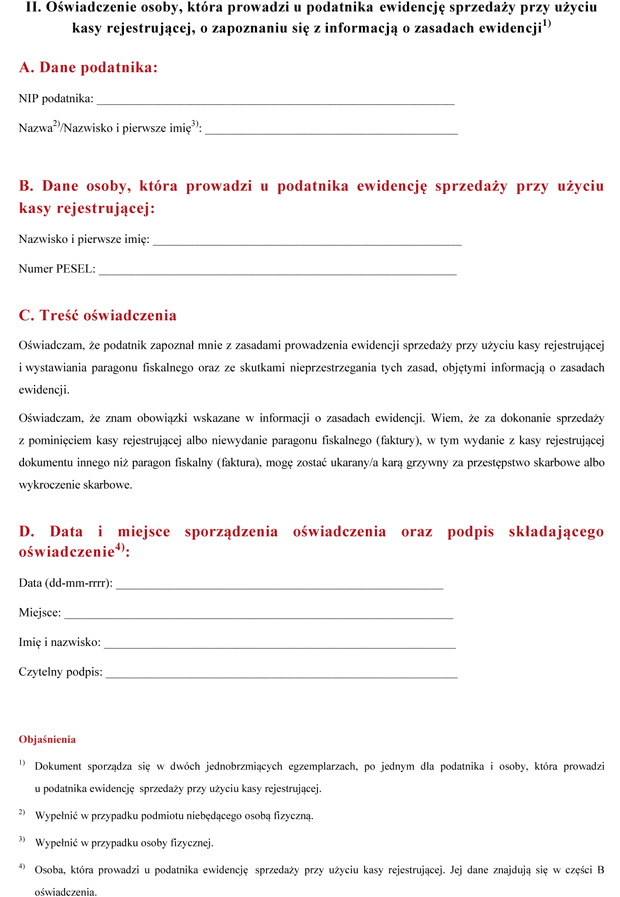 Owiadczenie osoby, ktra prowadzi u podatnika ewidencj sprzeday przy uyciu kasy rejestrujcej, o zapoznaniu si z informacj o zasadach ewidencji