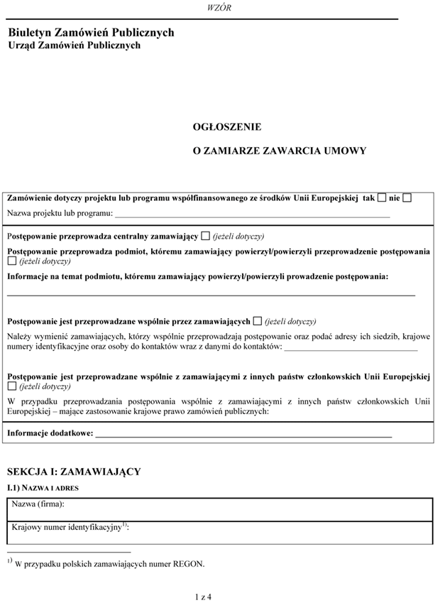 Ogoszenie o zamiarze zawarcia umowy