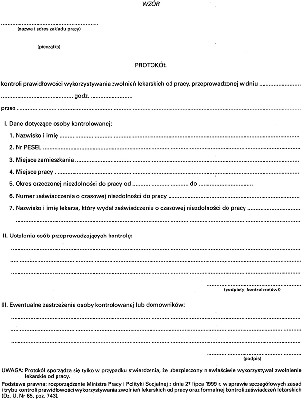 Protok kontroli prawidowoci wykorzystywania zwolnie lekarskich od pracy