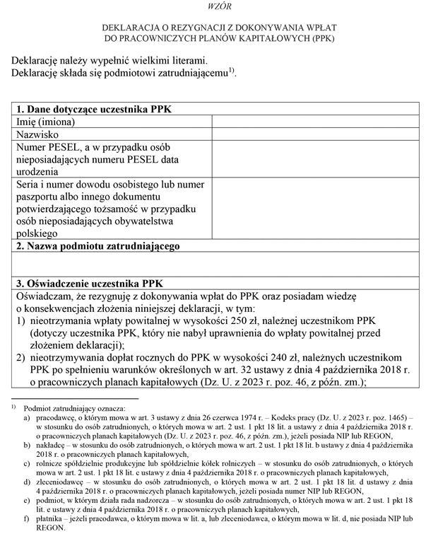 Deklaracja o rezygnacji z dokonywania wpat do pracowniczych planw kapitaowych (PPK)