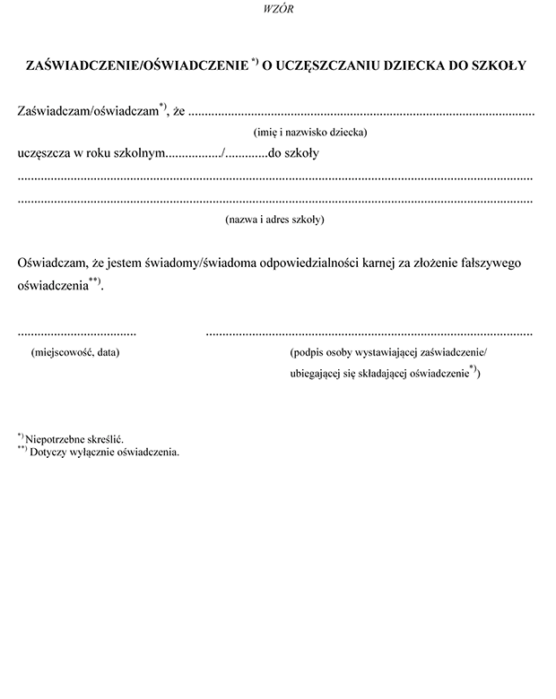 Zawiadczenie/owiadczenie o uczszczaniu dziecka do szkoy