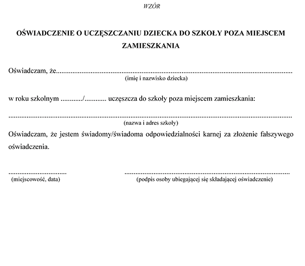 Owiadczenie o uczszczaniu dziecka do szkoy poza miejscem zamieszkania