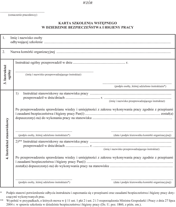 Karta szkolenia wstpnego w dziedzinie bezpieczestwa i higieny pracy